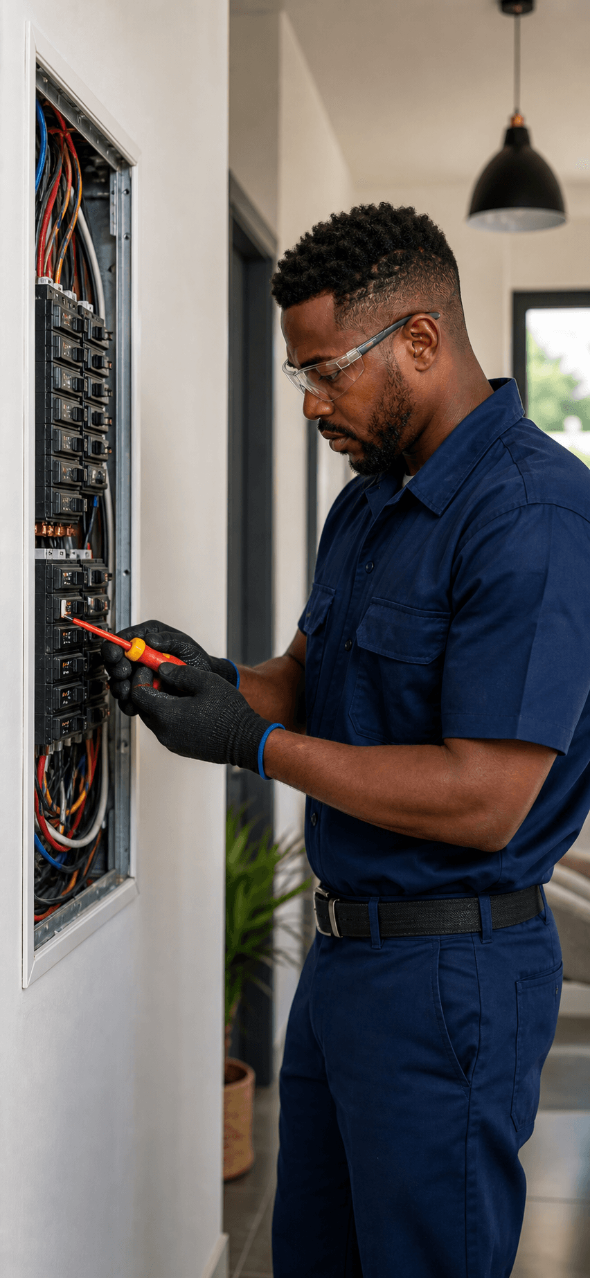 FixAm electrician inspecting a residential electrical panel